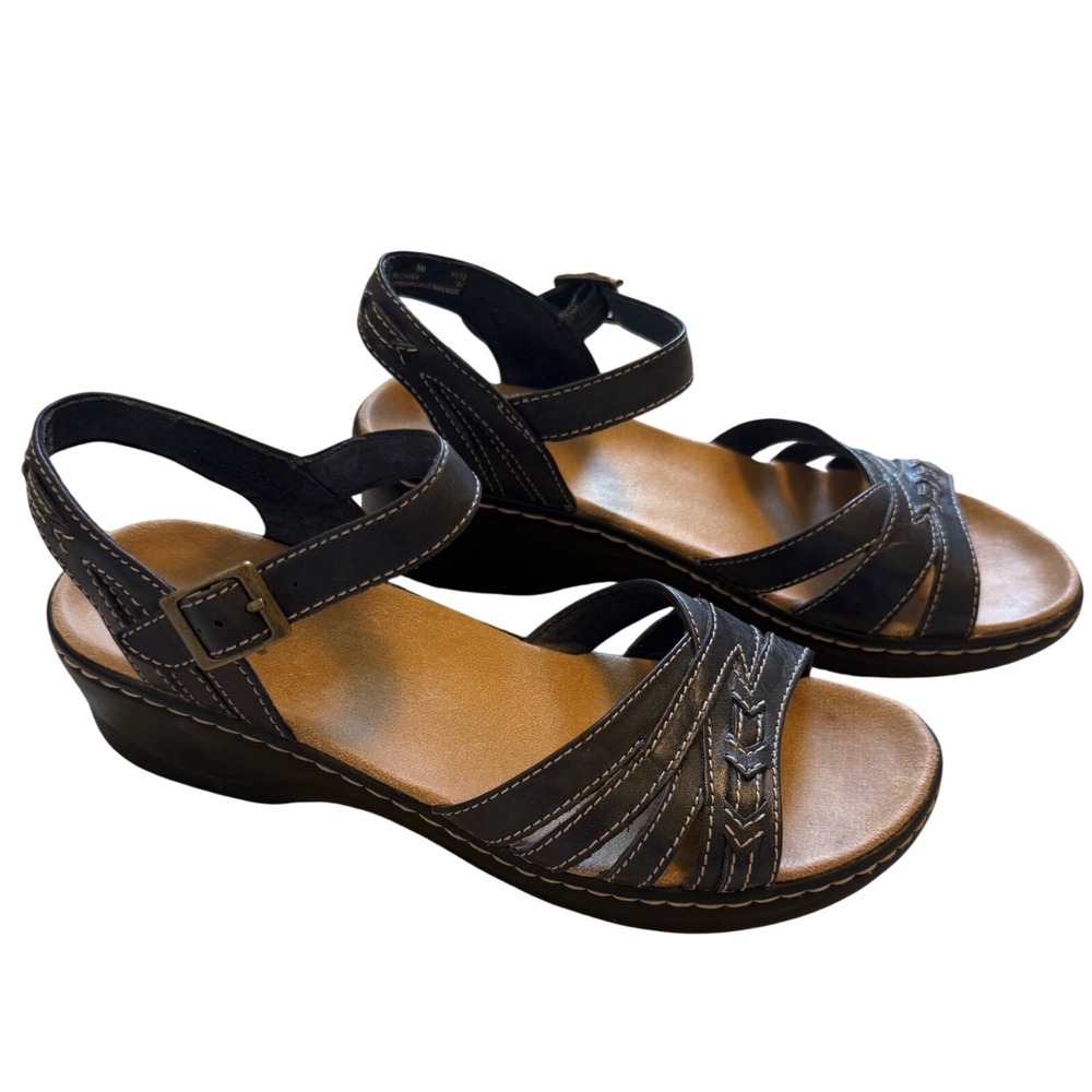 Clarks Bendables Womens Navy Blue Leather Wedge Sandals Strappy 8MStitch